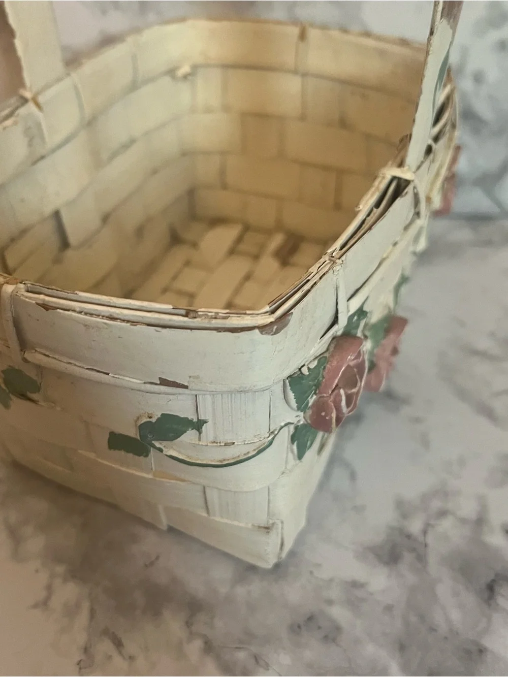 Vintage Cream Woven Basket with Pink Rose Accents